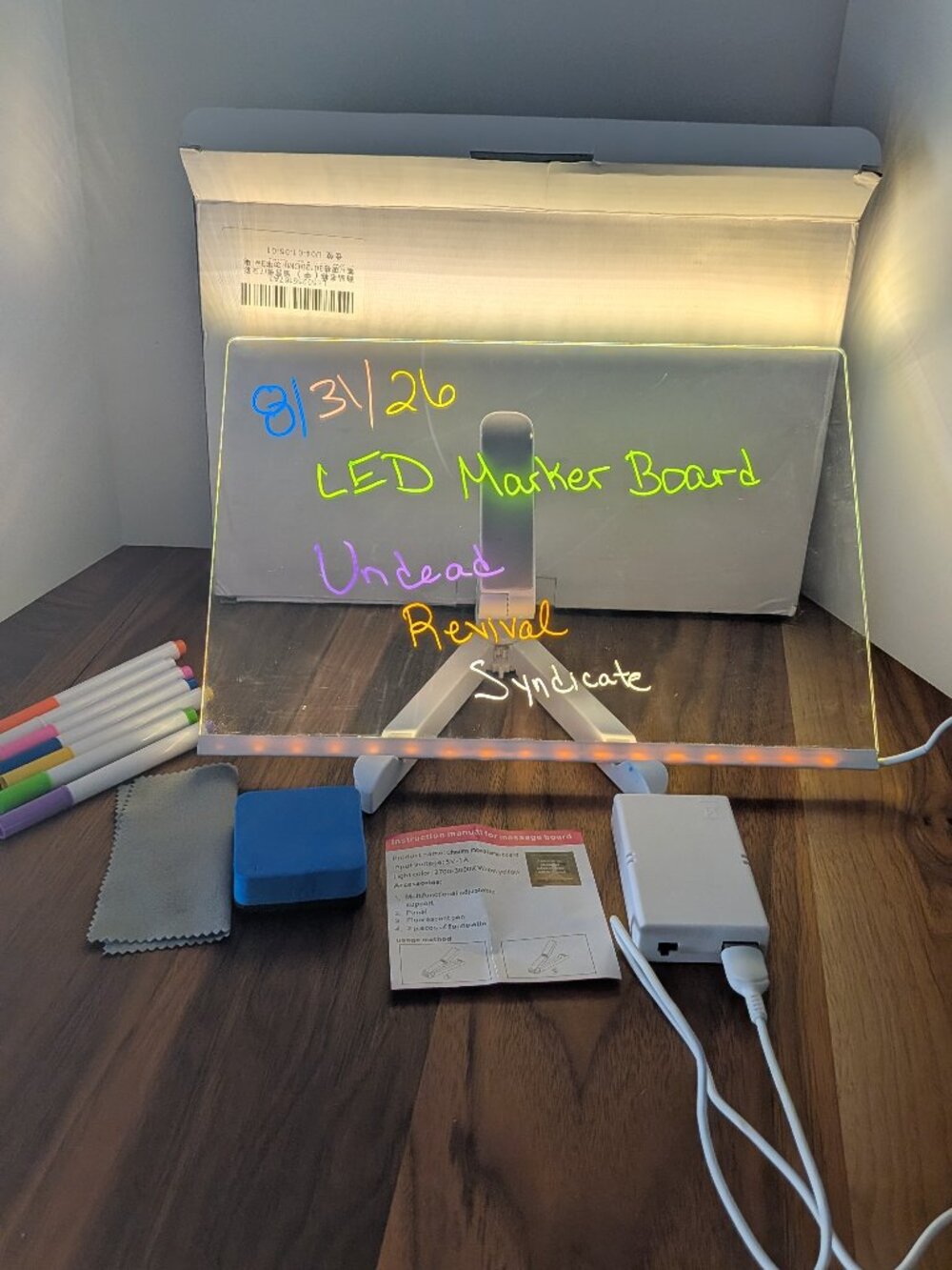 Clear LED Message Board w/ Stand Base, USB Cable, Battery Box, And Markers unde